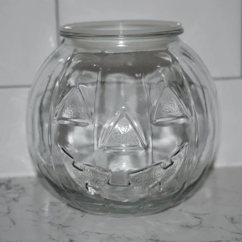 Vintage Clear Glass Jack O Lantern Pumpkin Candy Dish Jar Fall Halloween Decor